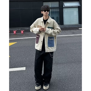 美式复古撞色拉链多口袋牛仔外套男女宽松设计感水洗夹克B30/P80图片