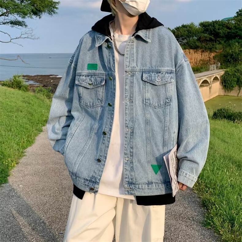 假两件牛仔外套男韩版潮流痞帅2023春秋新款ins宽松夹克W4529-P65，男装大码男装，星座412-2