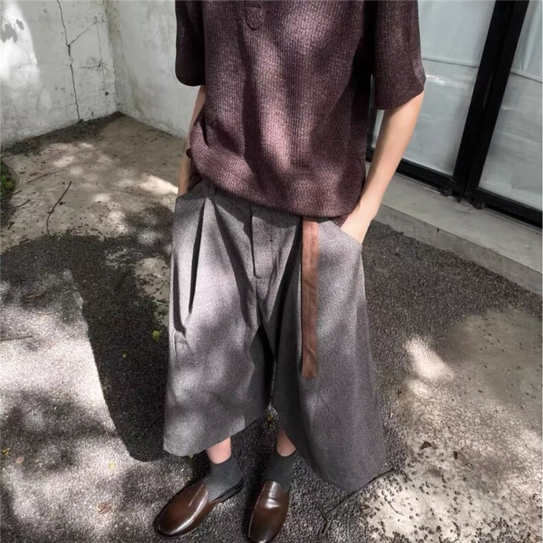 复古老钱风千鸟格休闲短裤男潮流简约夏季宽松百搭直筒阔腿七分裤,男装牛仔裤,星座506A