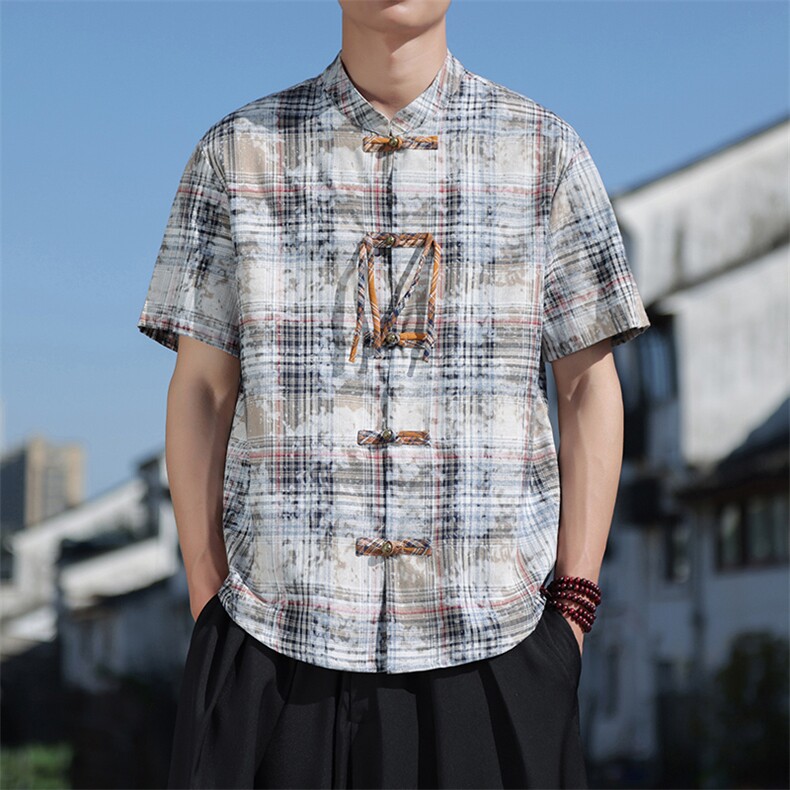 夏季新中式格纹晕染风铜扣短袖衬衫立领盘扣唐装衬衣30502,男装T恤,星座305A（原312A-1）