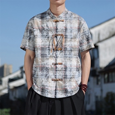 夏季新中式格纹晕染风铜扣短袖衬衫立领盘扣唐装衬衣30502，男装T恤，星座305A（原312A-1）