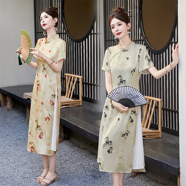 新中式印花垂感连衣裙女2026夏季新款修身气质贵夫人改良旗袍裙子,女装连衣裙,倪叶myz