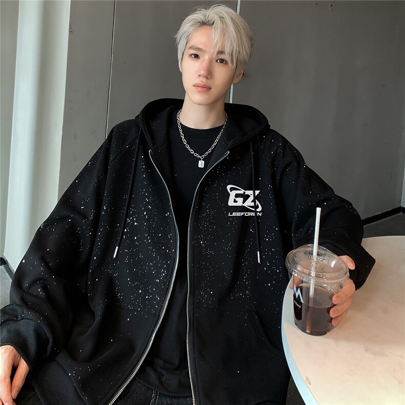 满天星开衫连帽黑色卫衣男女春秋情侣拉链外套JK203-P78,男装卫衣,电商C307