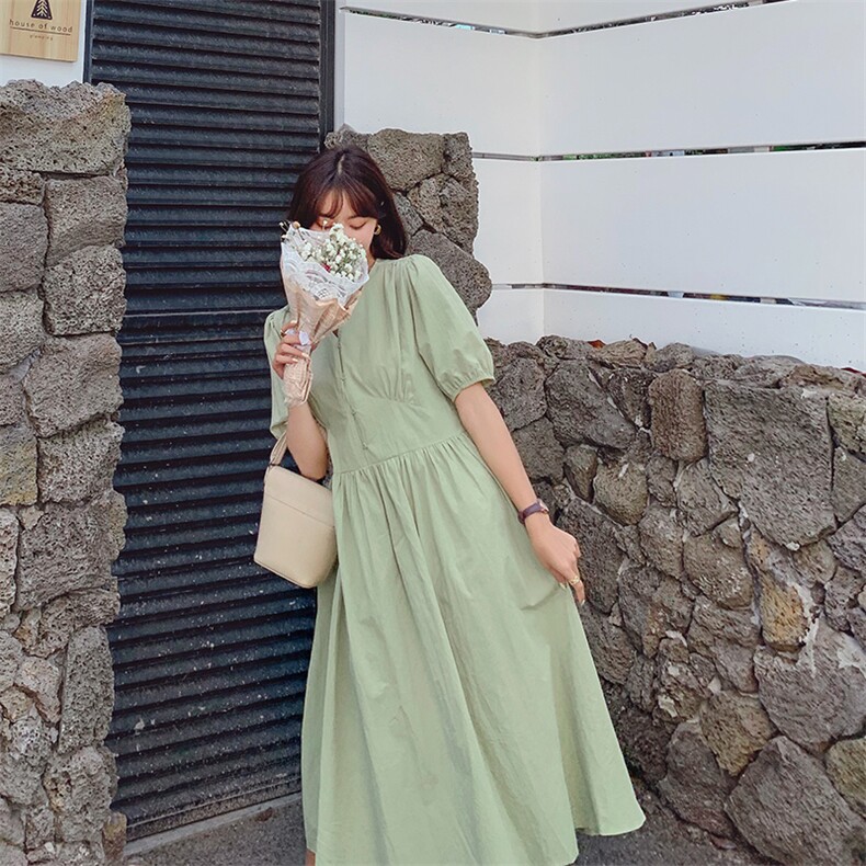 2022年夏季时尚潮流舒适短袖连衣裙中长款纯色气质,女装连衣裙,奕薇雅
