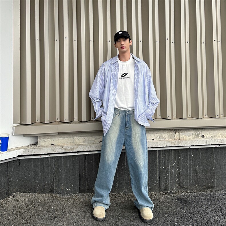 设计感倒穿牛仔裤潮牌新款宽松复古休闲百搭微喇裤,男装牛仔裤,星座410-7