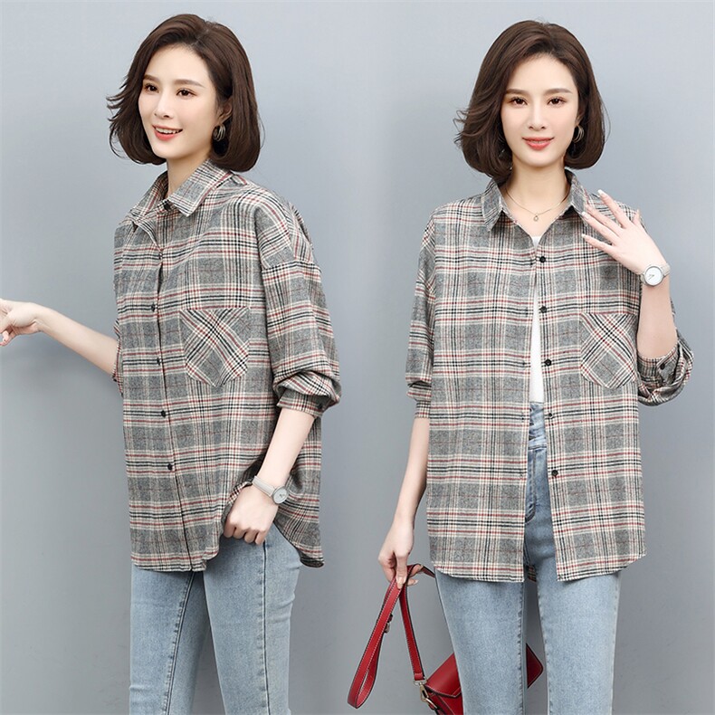 2022年春秋季单排多扣长袖简约短款宽松纽扣格子纯棉，女装衬衫，忆绮罗
