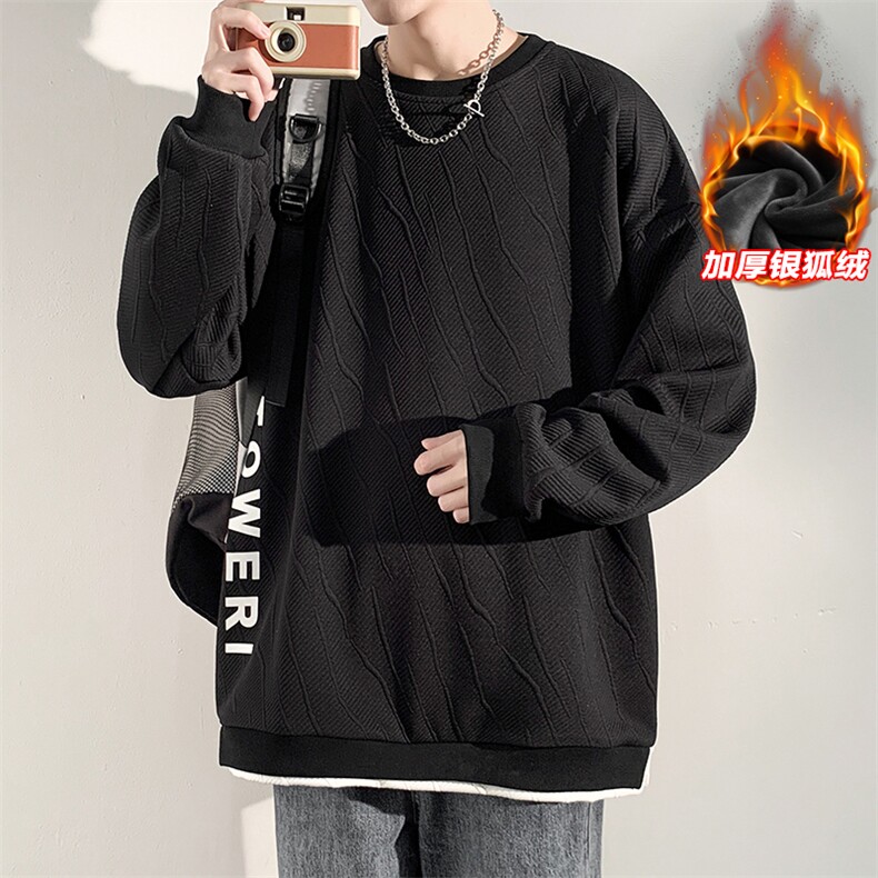 新款纹理感假两件青少年字母印花宽松卫衣男W332J加绒-特P48控88,男装卫衣,电商A001