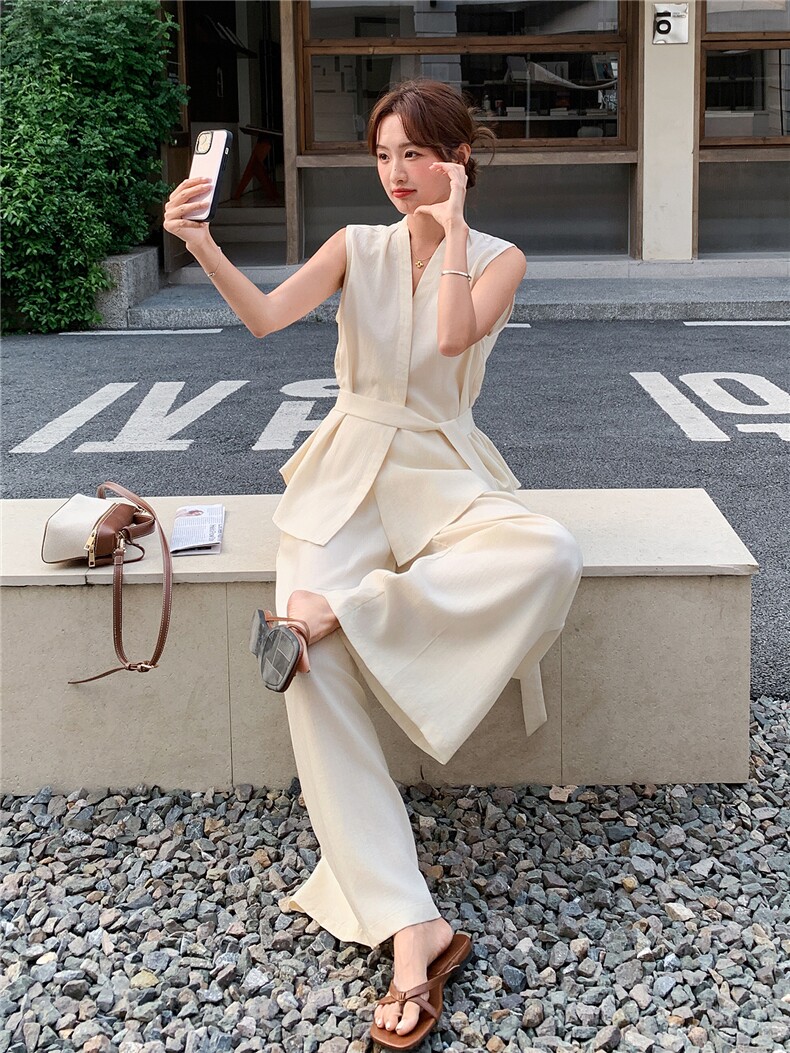 新款现货主推夏季无袖气质套装女老钱风阔腿裤清冷感韩系两件套,女装套装/套裙,网红馆