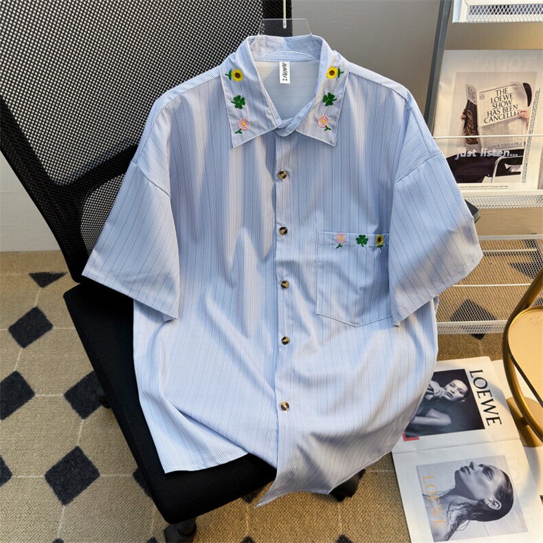 2025夏新款条纹短袖衬衫花朵刺绣半袖情侣男女班服现货W8601-P34,男装衬衫,星座512-4
