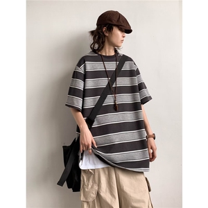 夏季新款美式条纹短袖t恤男女同款情侣学生宽松圆领半袖体恤U30图片