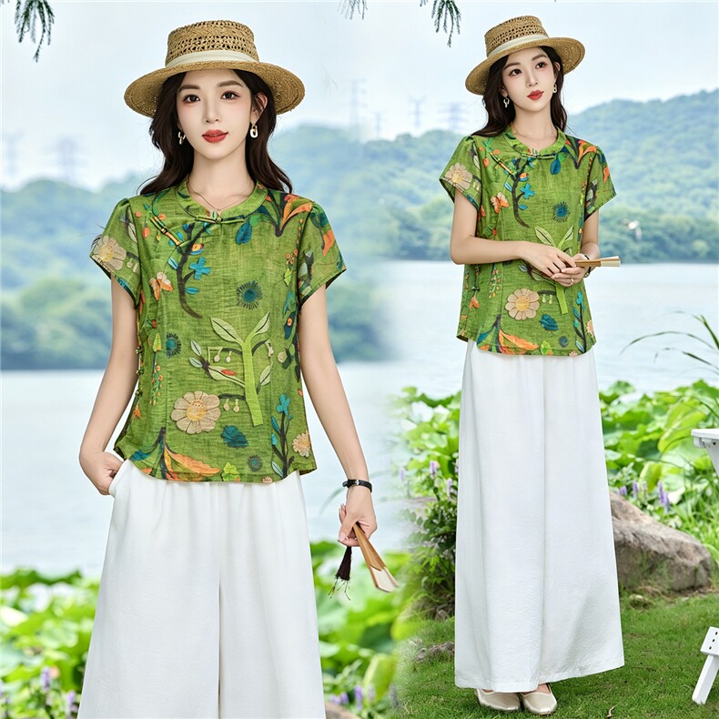 现货！夏季套装2026新款松弛感新中式盘扣上衣服女两件套端庄大气,女装套装/套裙,衣之秀