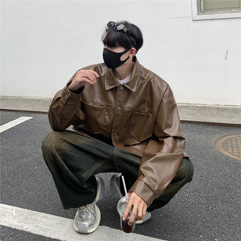港风翻领pu皮面料皮衣男潮流休闲宽松皮衣外套男77107P78控108,男装皮衣,星座227-7
