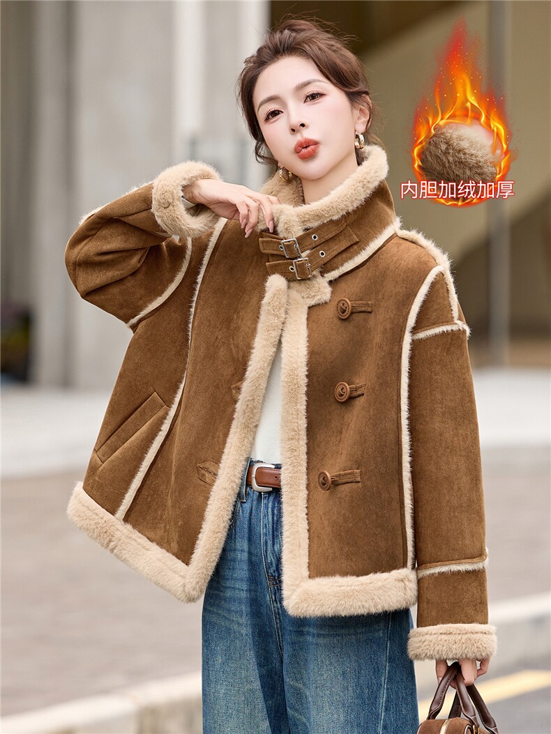 皮毛一体外套女2025冬季新款休闲百搭韩系显瘦加厚保暖羊羔毛外套,女装羊羔毛/颗粒绒,拾衣
