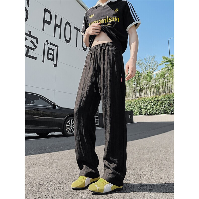 3015#-P45肌理感亚麻冰丝休闲裤男女夏季宽松速干直筒阔腿长裤,男装休闲裤,电商A178