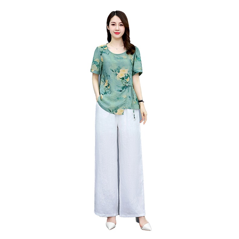 现货2022年夏季新款简约大方舒适棉麻阔腿裤两件套,女装套装/套裙,艾仟回(原伊仟回)