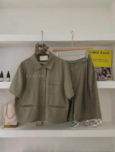 现货新款水洗麻料套装满满细节sml麻本色水洗绿，女装职业装，ADHERE