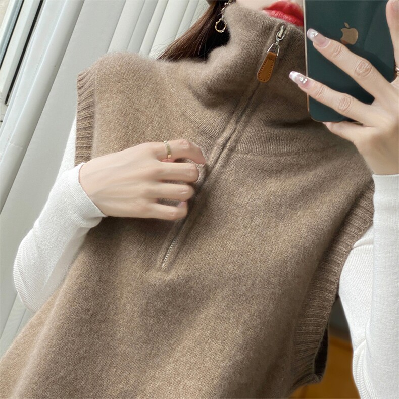 女士半拉链宽领马甲羊毛简约纯色时尚舒适，女装马甲，邦太羊绒