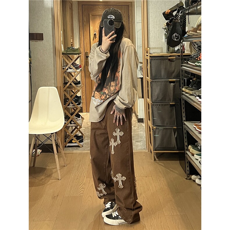 秋季新款十字架毛边贴布刺绣牛仔裤女模XZ604-KN08-P65控78,男装牛仔裤,星座604