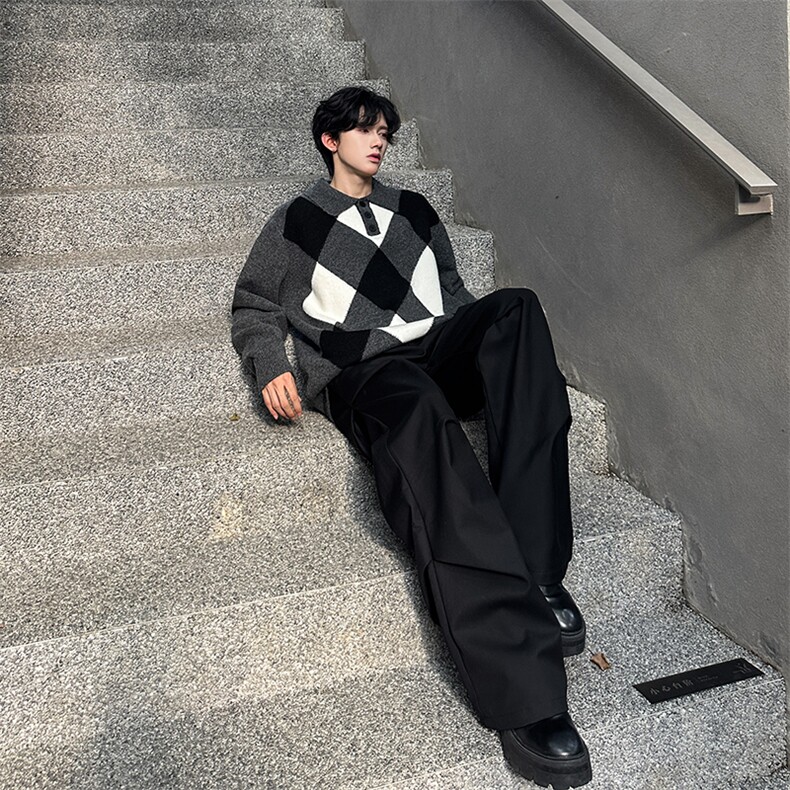 A135-2523美式复古撞色格子毛衣高品质高克重P88控129，男装针织衫/毛衣，电商A135（原星座819）