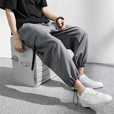 7XL-M痞帅条纹裤子男夏新款港风宽松直筒裤加肥加大码垂感九分裤，男装休闲裤，钱塘717(原712)