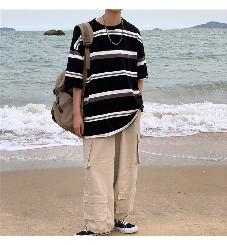 韩版潮流ins夏季休闲条纹T恤港风大码宽松百搭短袖T287-P20,男装T恤,星座512-2