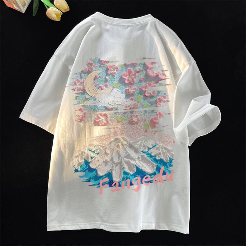 油画印花短袖t恤男款夏季美式复古潮牌青少年七分体恤宽松半截袖,男装T恤,星座617B