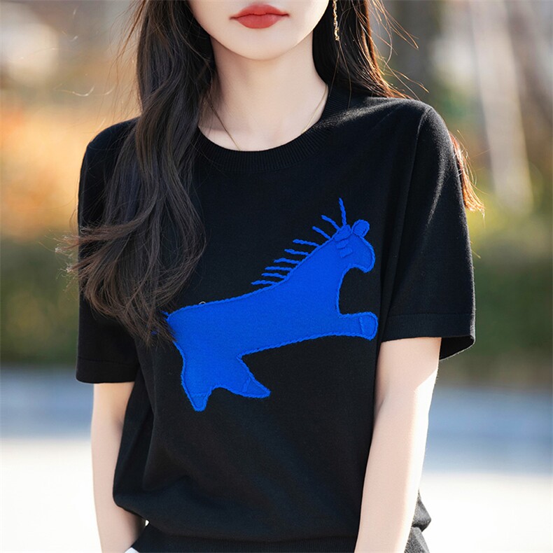 春夏刺绣小马精纺羊毛衫针织短袖T恤女圆领拼色宽松半袖打底上衣,女装T恤,片语羊绒
