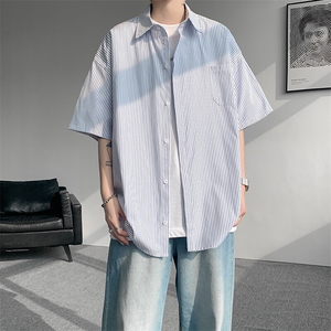 8XL-M 条纹短袖衬衫男夏季宽松慵懒风痞帅大码衬衣外套DC28001P40图片