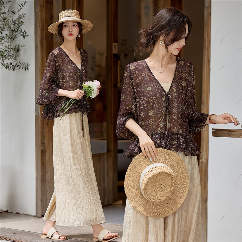 时尚荷叶袖洋气提花料披肩小衫配阔腿裙裤两件套女,女装套装/套裙,水衣源