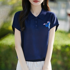 2025夏季翻领短袖T恤女宽松百搭时尚洋气上衣薄款透气小飞袖T恤衫，女装T恤，暖烁羊绒