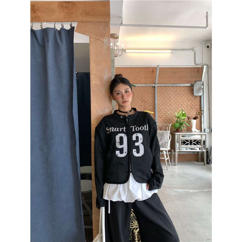 B6007-P52ZHLStudio美式复古辣妹字母印花网纱外套女秋季宽松,男装T恤,电商B323A
