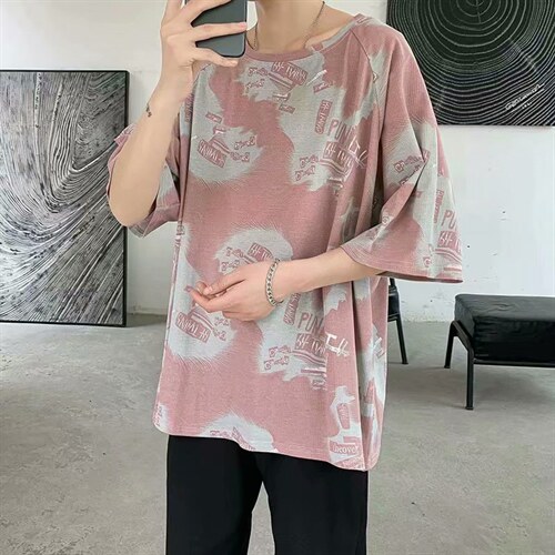 新款ins印花短袖T恤男夏季扎染港风百搭宽松情侣休闲上衣TX18-p20图片