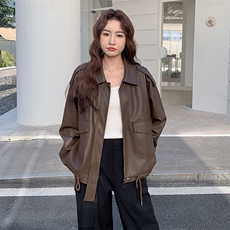 复古翻领咖色皮衣外套女春秋2025新款小个子PU皮夹克爆款高级感，女装皮衣，2C256