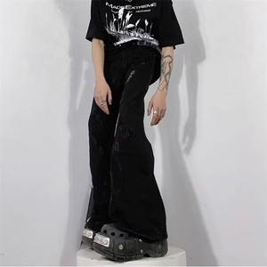 美式复古设计感刺绣拼接做旧微喇叭牛仔裤男女阔腿拖地裤子图片