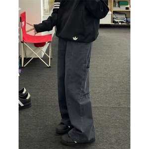 美式直筒工装裤vintage风琴口袋牛仔裤宽松痞帅潮流复古裤子男女图片