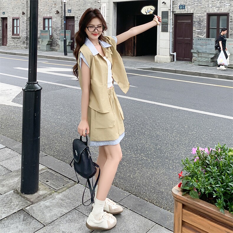 休闲工装条纹拼接半身裙套装女夏2025新款又酷又飒ootd穿搭两件套,女装套装/套裙,2C133