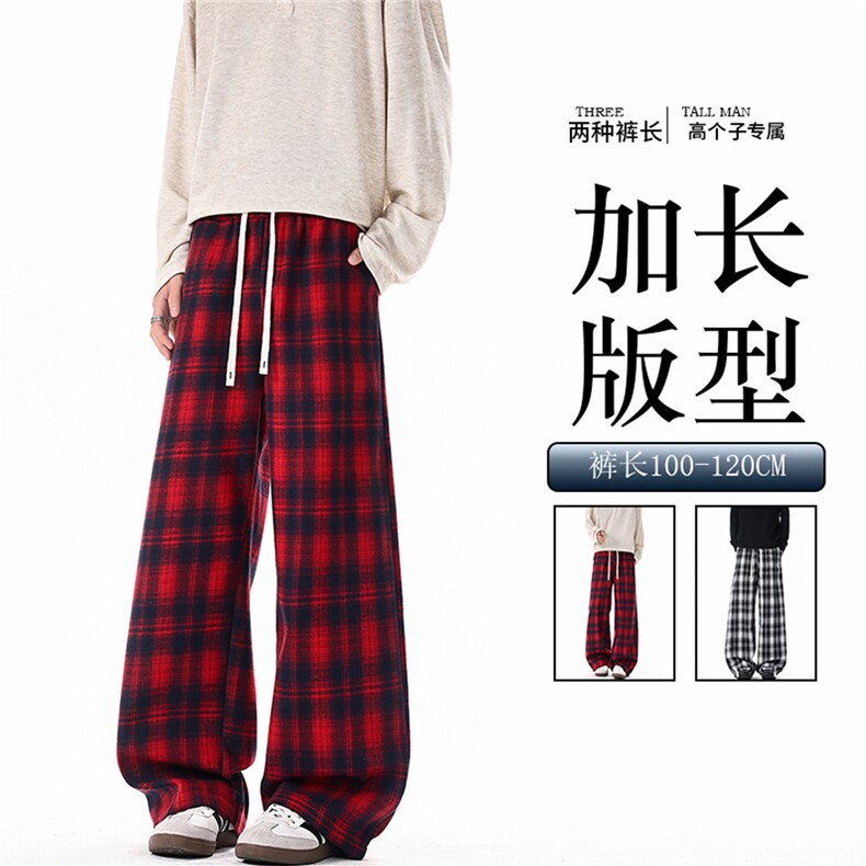 190加长裤子男高个子格子裤复古宽松慵懒风直筒阔腿休闲长裤KZ100图片