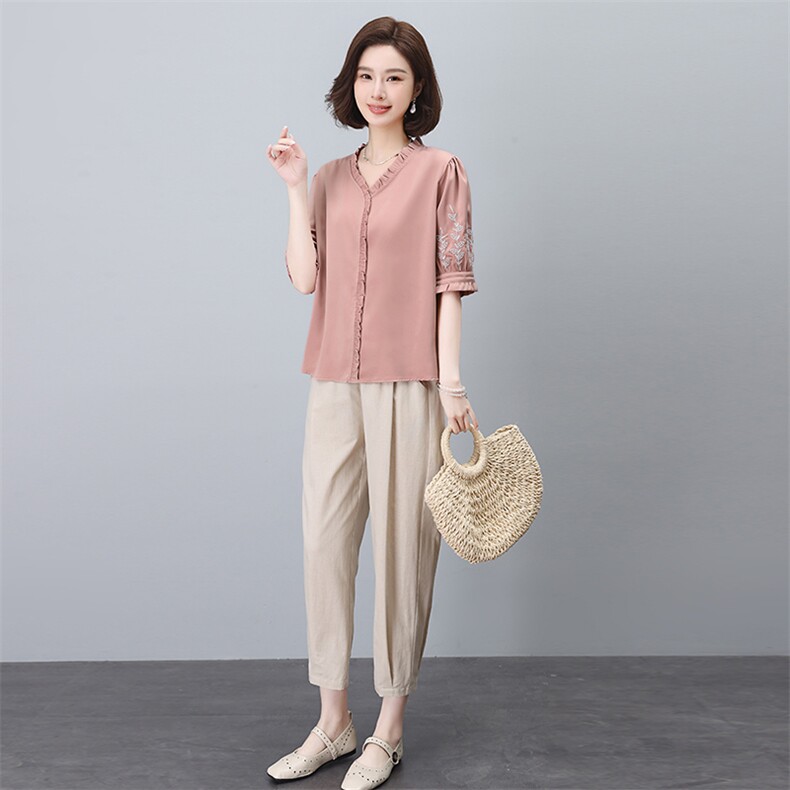 中老年棉麻衬衫套装夏装薄款2025新款女妈妈大码五分中袖两件套,女装套装/套裙,依恋蒂丝