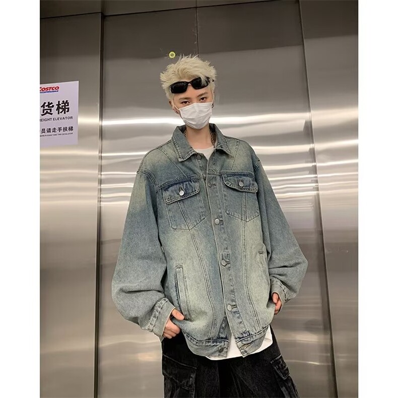 美式复古牛仔外套秋款高街潮牌水洗做旧宽松休闲夹克男8841/P60,男装工装外套,星座506