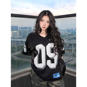 美式橄榄球服男生夏季时尚网眼短袖透气宽松运动T恤潮牌拼接上衣图片