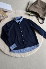 藏蓝色假两件拼接格纹长袖衬衫miu系CS711特P45，男装衬衫，星座908-1