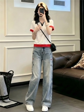学院风网红时尚套装女夏新款翻领撞色拼接上衣阔腿牛仔长裤两件套，女装套装/套裙，江南