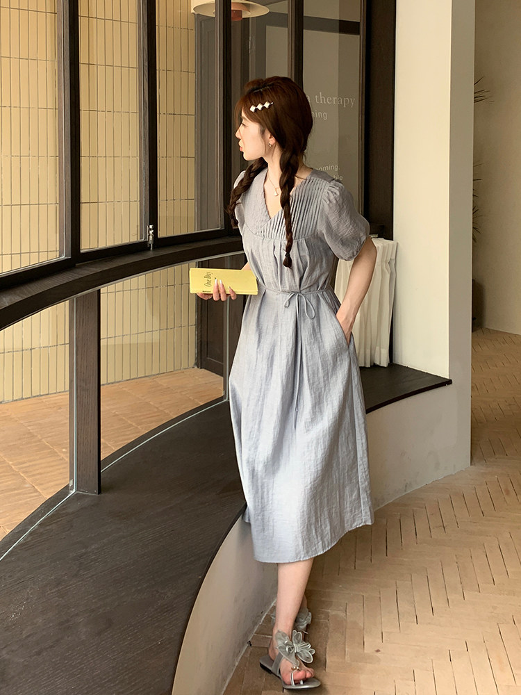 新款蓝灰色法式V领显瘦连衣裙【现货】5087-P125K178,女装连衣裙,浙宝192（原082）