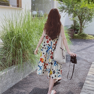 杏色涂鸦碎花无袖背心连衣裙女夏2025新款小个子学院风巨好看小众图片