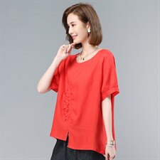 2021夏季新款气质圆领拼贴纯色麻短袖上衣，女装衬衫，叶笙衣