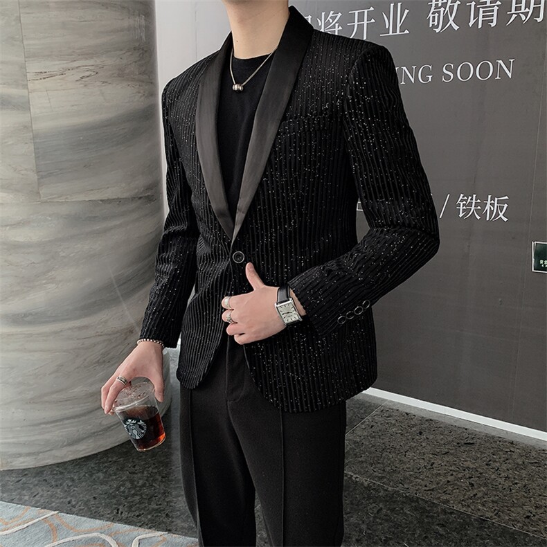 新款亮片条纹修身小西装外套男韩版网红夜店个性西服XZ021-P135,男装西服套装,电商B267