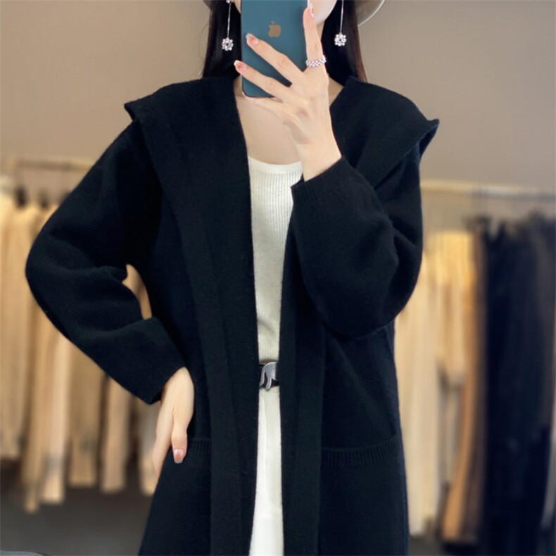 中长款100%羊毛连帽开衫女带兜长袖针织外套毛衣宽松羊绒外搭大衣,女装羊毛衫,隆格羊绒
