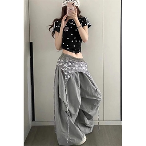 街头屁帘飘带多色长裤夏季宽松阔腿休闲打褶堆积感裤子 K5318图片