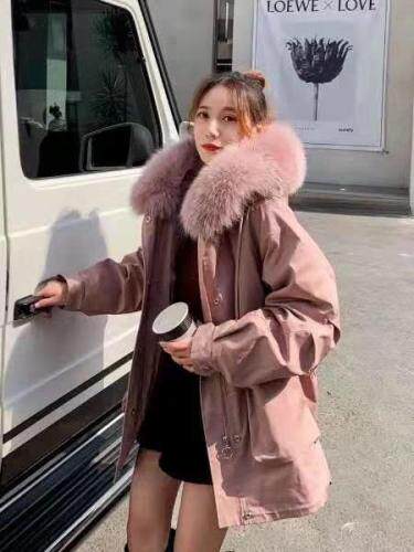 ZHG9282工装风亮晶晶抽绳真狐狸毛领内胆可拆卸皮草派克服，女装皮草，L·H·X