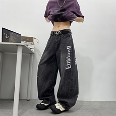 V155-P42复古泼墨水洗灰色阔腿牛仔裤，男装牛仔裤，星座911-1